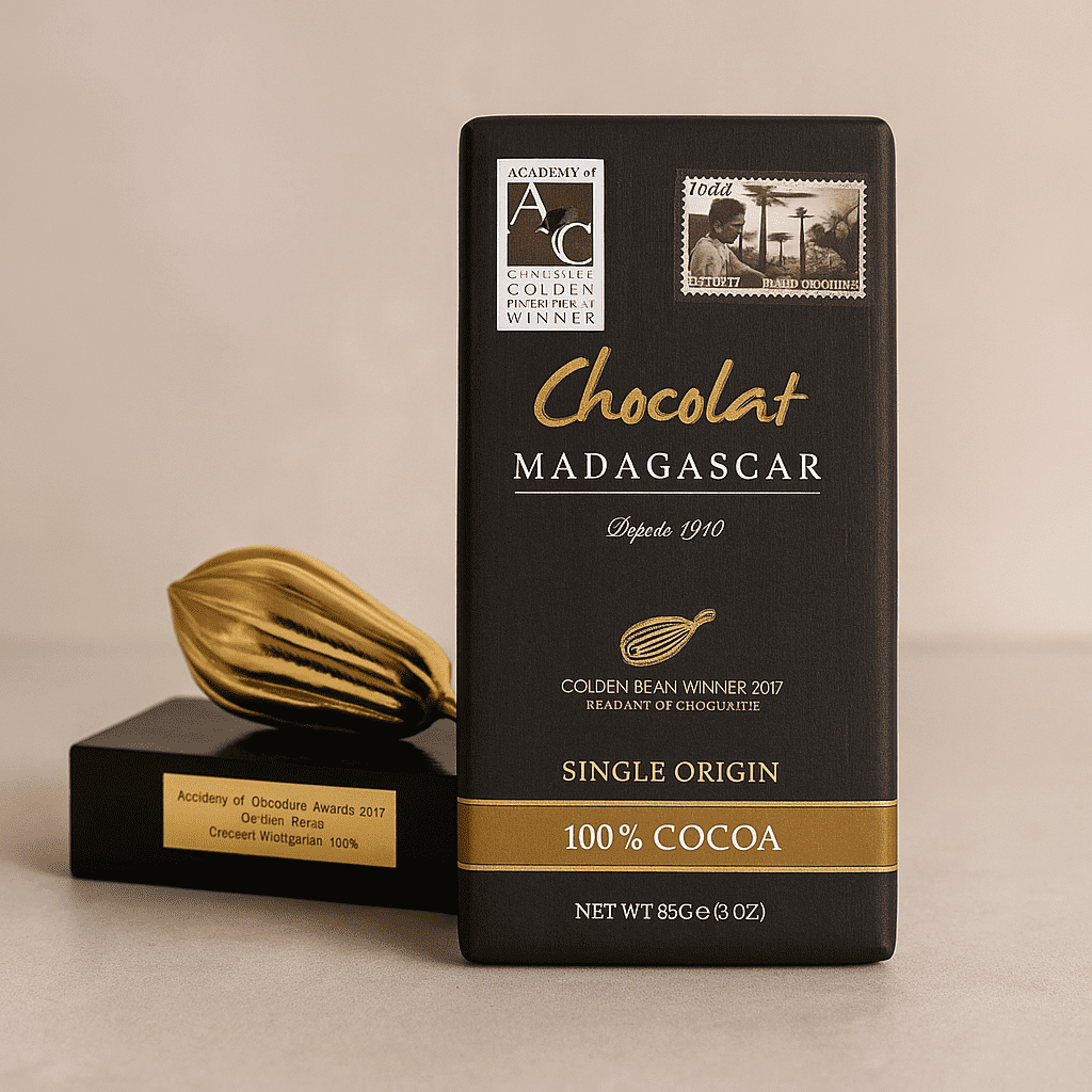 Chocolat Madagascar 100% cocoa dark chocolate bar standing upright on a neutral surface, with a golden cocoa-pod Academy of Chocolate award trophy placed behind it.
